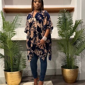 Navy and Beige Floral Kimono